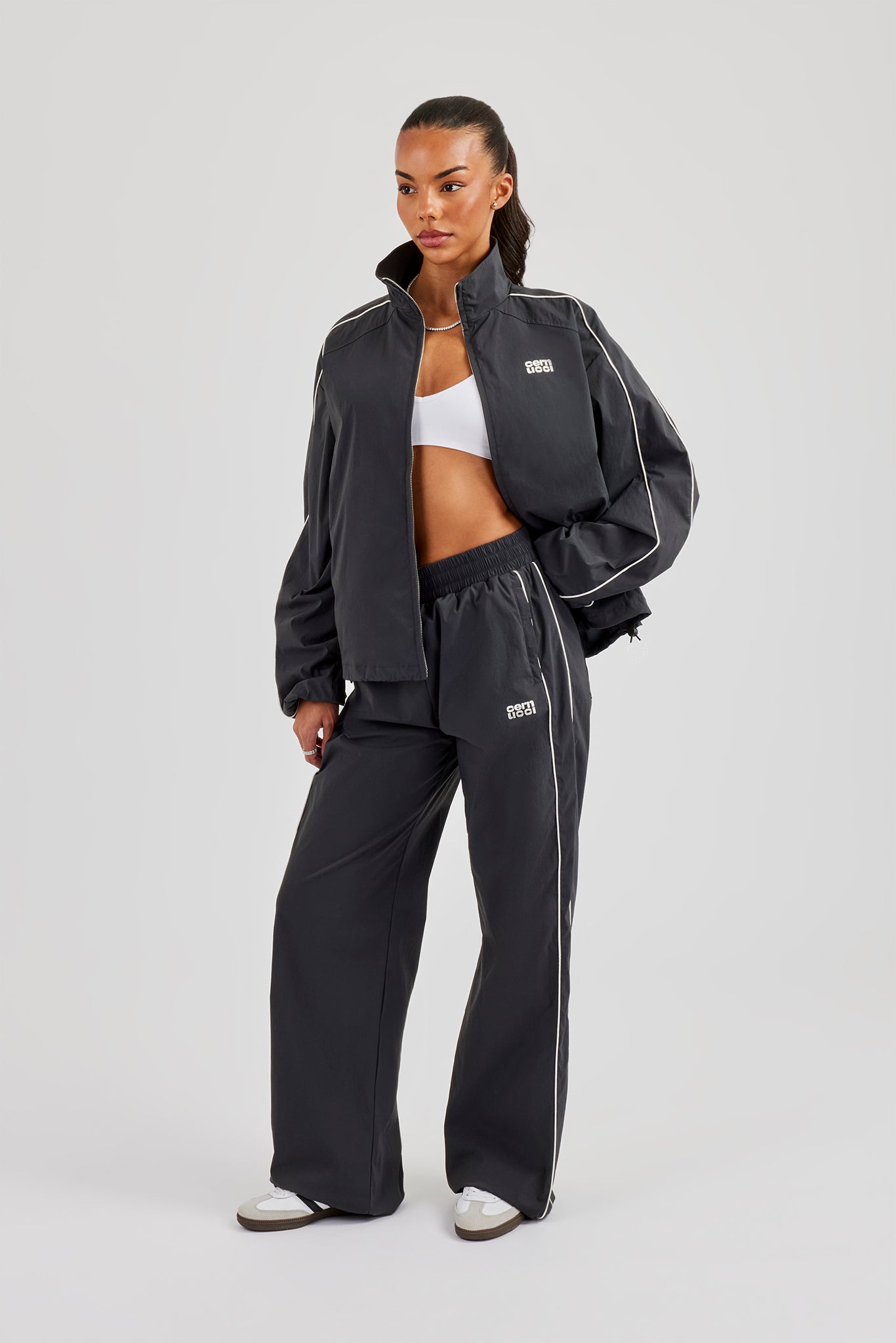 Nylon Piping Track Jacket & Wide Leg Track Pant - Charcoal